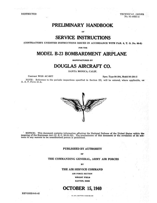 McDonnell Douglas B-23 Bombardment Airplane 1940 Maintenance Instructions (01-40EC-2)
