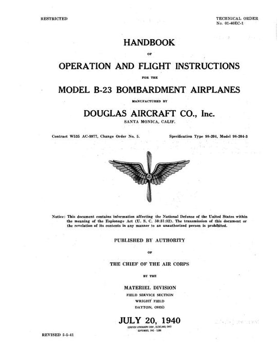 McDonnell Douglas B-23 Bombardment Airplane 1940 Operation & Flight Instructions (01-40EC-1)