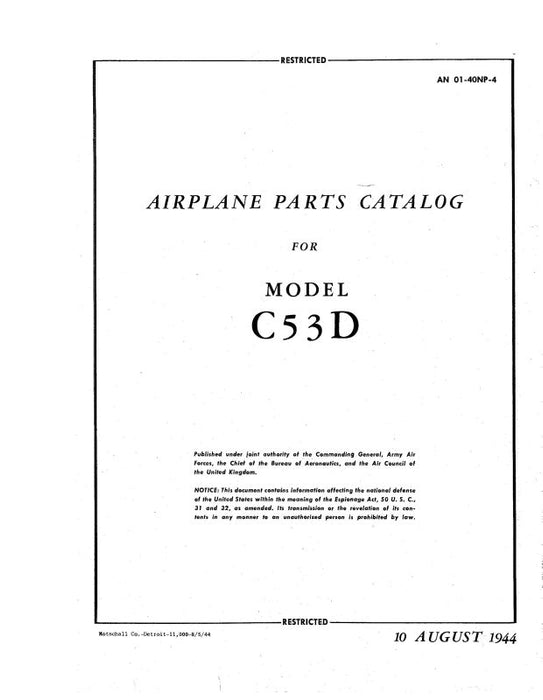 McDonnell Douglas C-53D Army 1944 Airplane Parts Catalog (01-40NP-4)