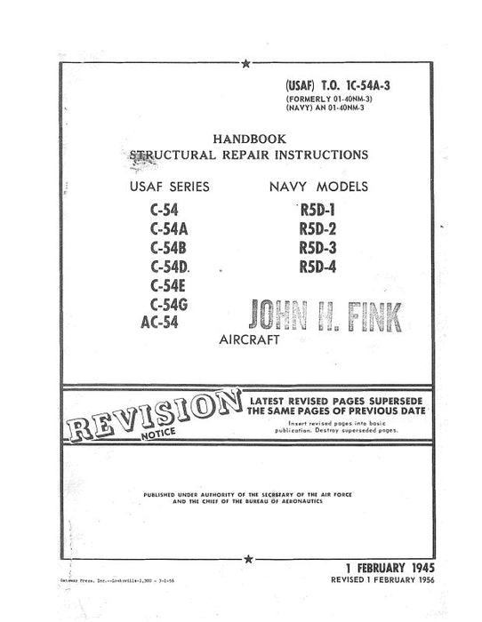 D54 Maintenance McDonnell Douglas C-54,A,B,D,E,G,AC-54 1945 Structural Repair (1C-54A ...