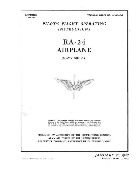 McDonnell Douglas RA-24 Army, SBD-3 Navy 1942 Pilot's Flight Operating Instructions (01-40AE-1)