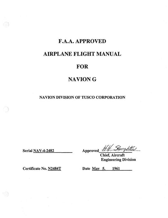 Navion  G 1961 FAA Approved Flight Manual (NAV-4-2482)