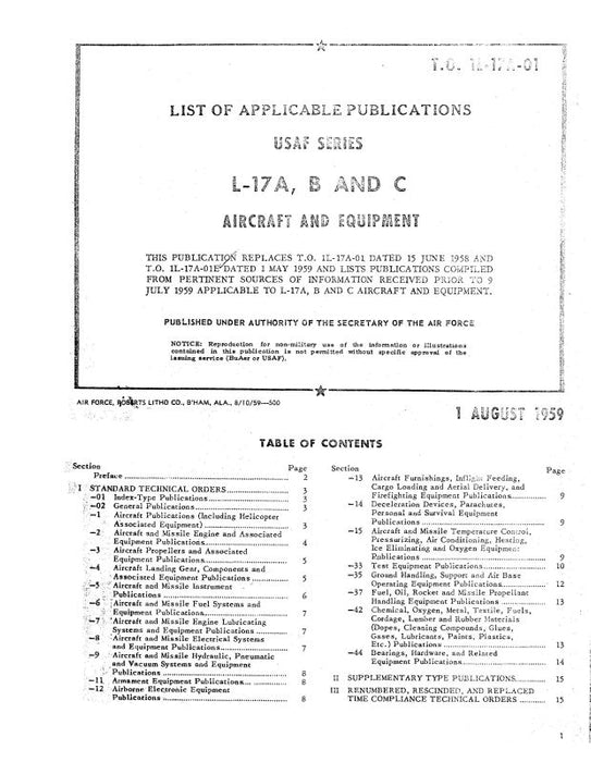 Navion L-17A, L-17B, L-17C 1959 List of Applicable Publications (1L-17A-01)
