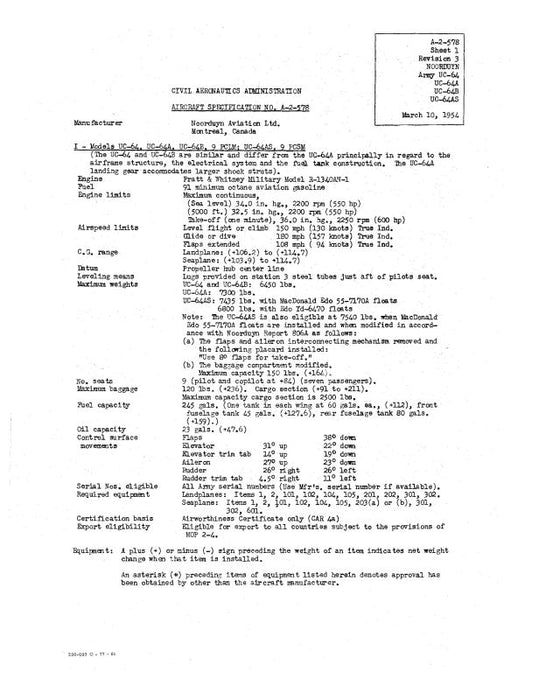 Noorduyn Aviation UC-64,-64A,B,AS 1954 Aircraft Specification (SPEC.-NO.-A-2-5)