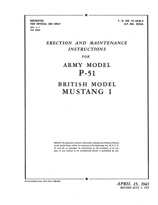 North American P-51 Mustang I 1943 Erection & Maintenance Instructions (01-60JB-2)