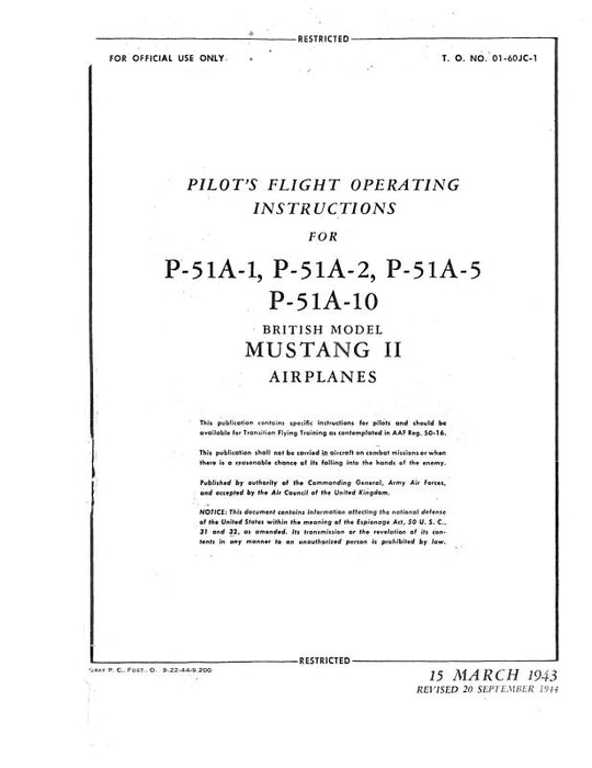North American P-51A-1,2,5,10 & Mustang II Pilot's Flight Operating Instructions (01-60JC-1)