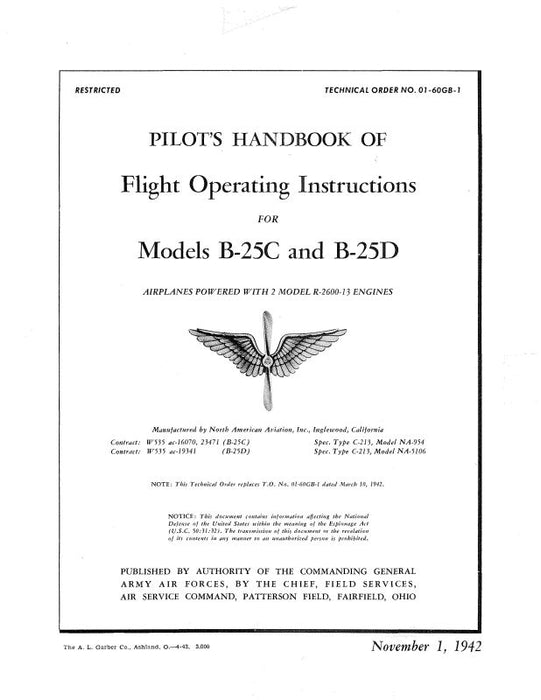 North American B-25C, B-25D 1942 Flight Operating Instructions (01-60GB-1)