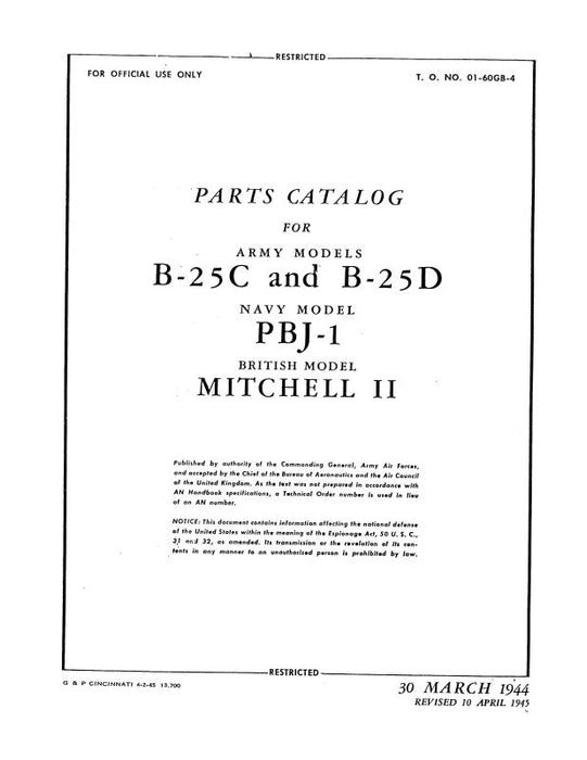 North American B-25C, B-25D & PBJ-1 1944 Parts Catalog (01-60GB-4)