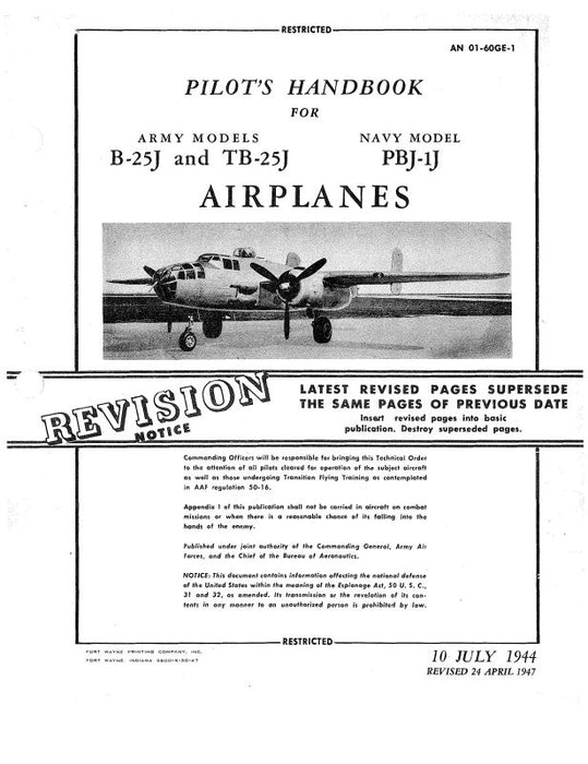 North American B-25J, TB-25J Navy PBJ-1J 1944 Pilot's Flight Handbook (AN-01-60GE-1)