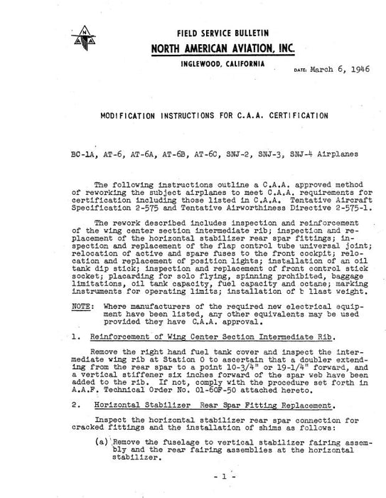 North American AT-6,A,B,C & SNJ-2,3,4 1946 Modification for C.A.A. Certification (NAAT6,A-46-MODC)