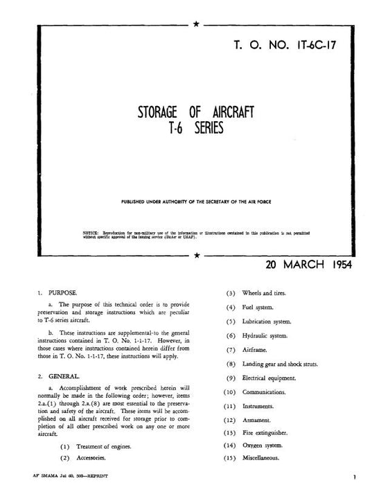 North American T-6 1954 Storage of Aircraft Instructions (1T-6C-17)