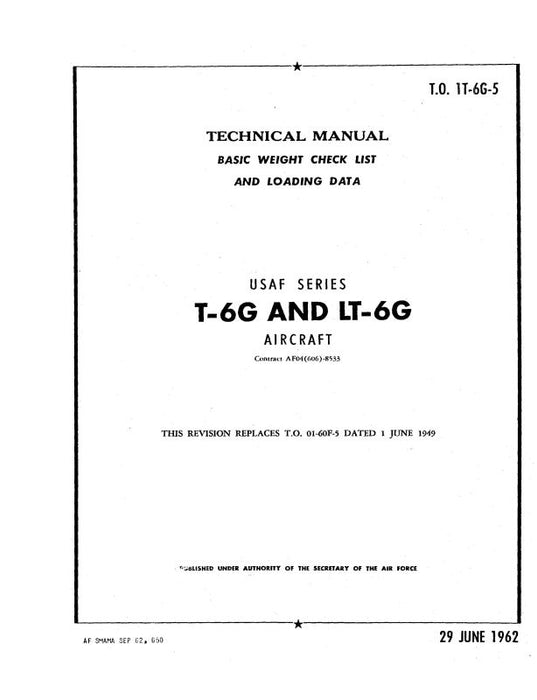 North American T-6G & LT-6G 1962 Basic Weight Checklist & Loading Data (1T-6G-5)