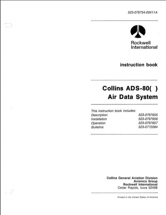 Collins ADS-80( ) Air Data System Instruction Book (523-076754-00411A)