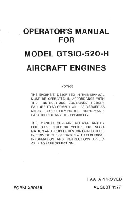 Continental Model GTSIO-520-H Operator's Manual 1977 (X30129)