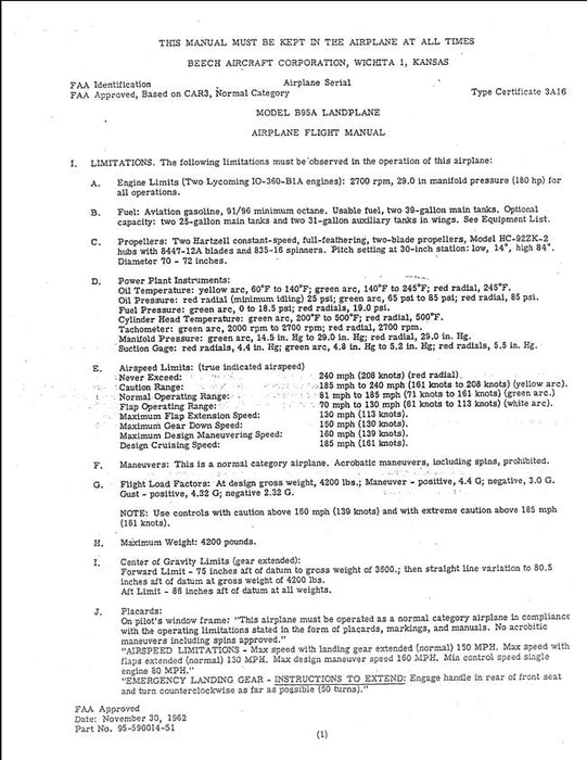 Beech B95A Landplane Airplane Flight Manual (Certificate 3A16)
