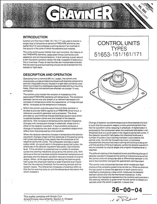 Graviner Control Units Types 51653-151-161-171 Maintenance Leaflet ML 085 (26-00-04)