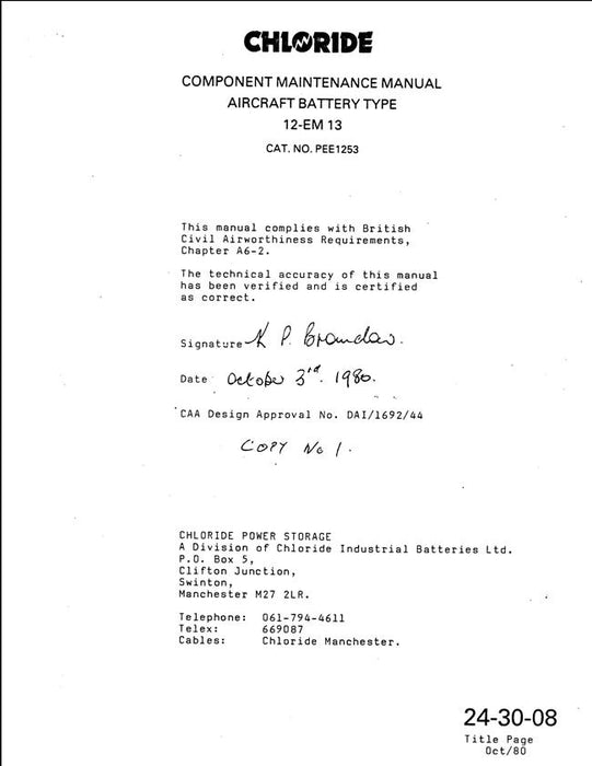 Chloride Aircraft Battery Type 12-EM 13 1980 Component Maintenance Manual (24-30-08)