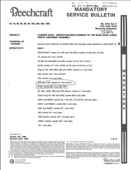 Beech Mandatory & Optional Service Bulletins