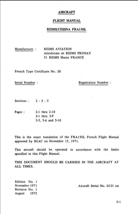 Cessna-Reims FRA150L Flight Manual (In English) (D1008-13-CES-100-4/73)