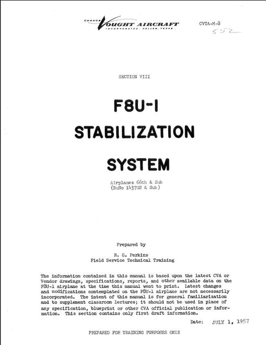 Vought F8U-1 Stabilization System Service Training Manual (CVTA-M-8)