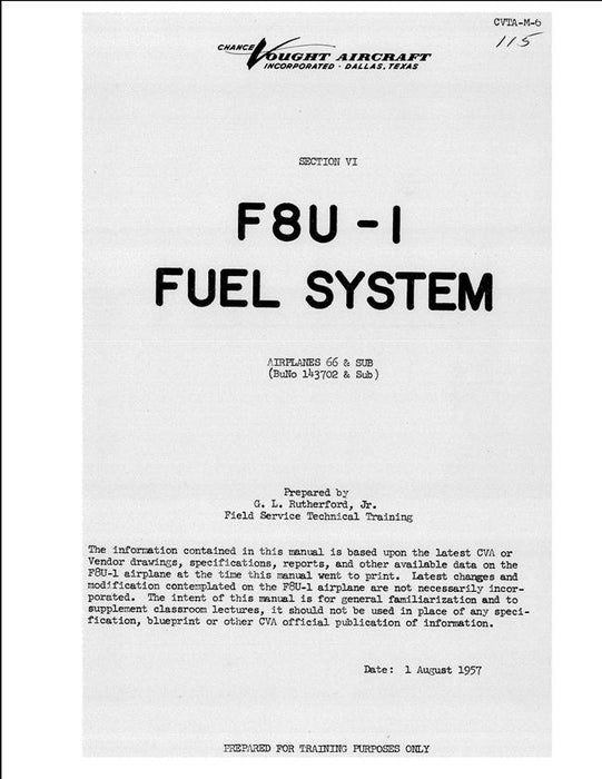 Vought F8U-1 &1P Fuel System Service Training Manual (CVTA-M-6)