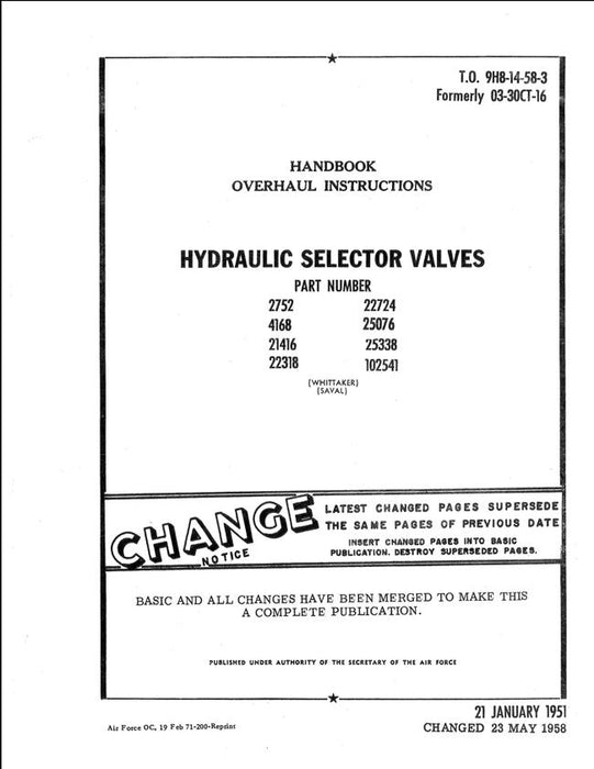 Whittaker Hydraulic Selector Valves 1958 Overhaul Instructions (T.O. 9HB-14-58-3)