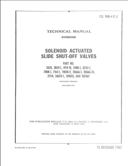 Whittaker Solenoid Actuated Slide Shut-off Valves 1962 Overhaul Technical Manual (T.O. 9HB-4-17-3)