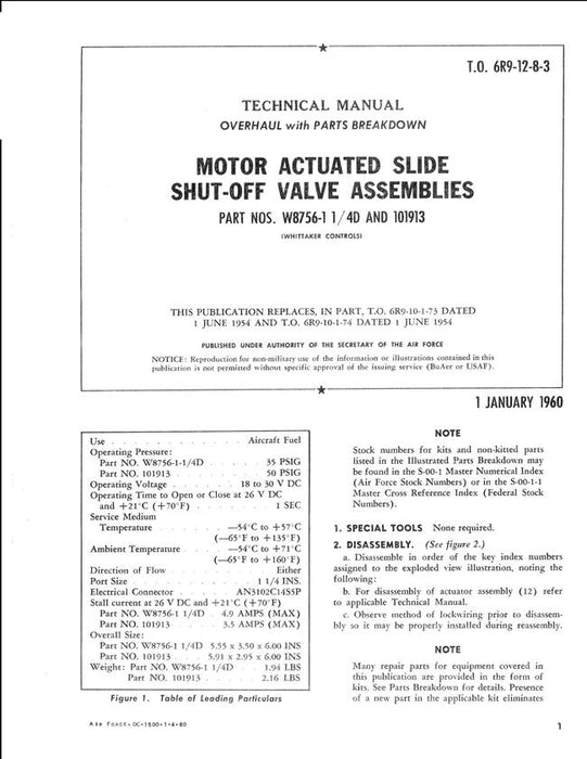 Whittaker Motor Actuated Slide Shut-off Valve Assemblies Overhaul & Parts Technical Manual (T.O. 6R9-12-8-3)