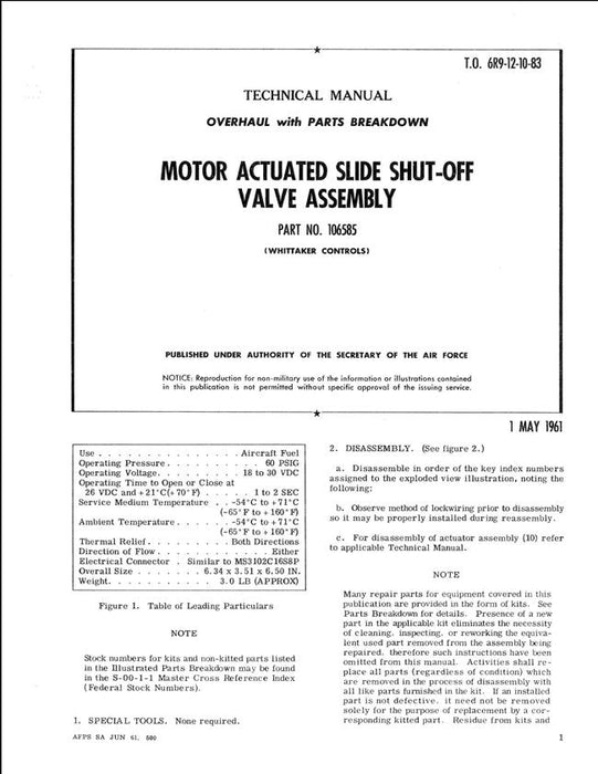 Whittaker Motor Actuated Slide Shut-off Valve Assemblies 1961 Overhaul & Parts Technical Manual (T.O. 6R9-12-10-83)