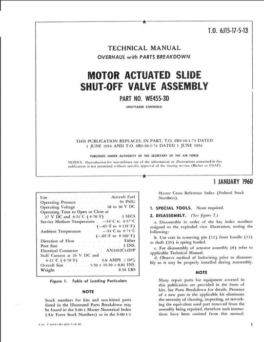 Whittaker Motor Actuated Slide Shut-off Valve Assembly 1960 Overhaul & Parts Technical Manual (T.O. 6J15-17-5-13)