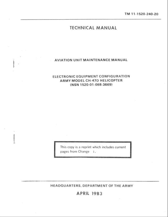 Army Model CH-47D Helicopter Electronic Equipment Configuration Aviation Unit Maintenance Manual (TM 11-1520-240-20)