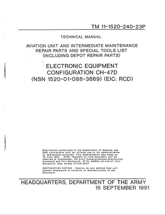 Army Model CH-47D Electronic Equipment Configuration Aviation Unit & Intermediate Maintenance Repair Parts, and Special Tools List (TM 11-1520-240-23P)