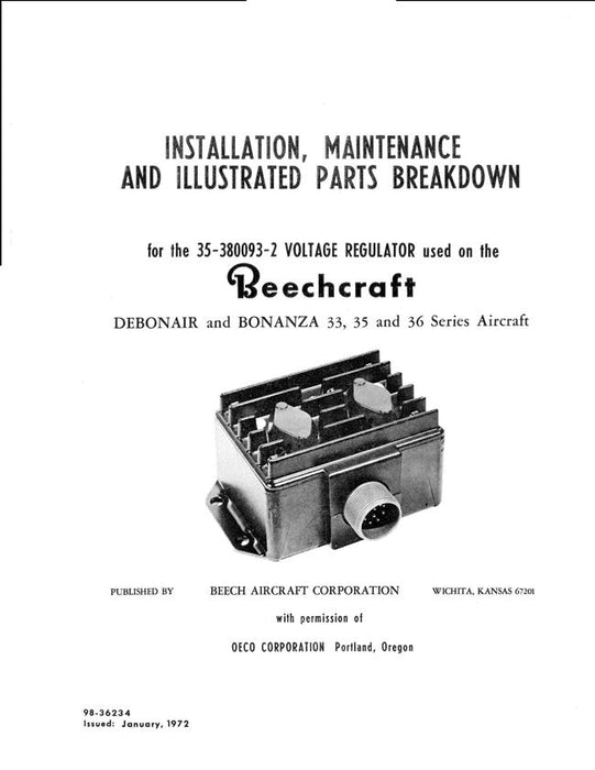 Beechcraft 33, 35, 36 Series 35-380093-2 Voltage Regulator Installation, Maintenance, Illustrated Parts Manual (35-380093-2)