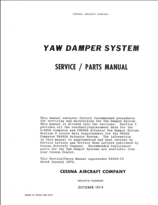 Cessna Yaw Damper System Service Parts Manual