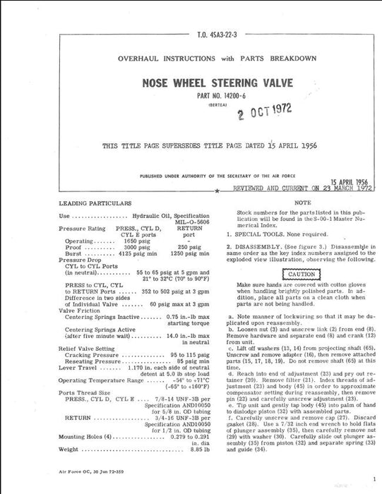 Bertea Nose Wheel Steering Valuve Part No. 14200-6 1972 Overhaul & Parts Manual (Part No. 14200-6)
