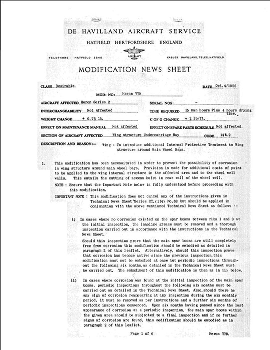 DeHavilland 1956 Modifcation News Sheet