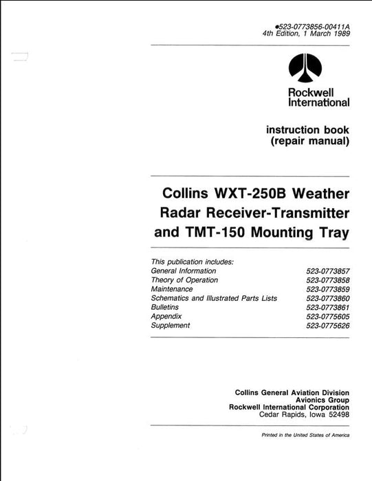 Collins WXT-250B Weather Radar Receiver-Transmitter & TMT-150 Mounting Tray Instruction Book (523-0773856-00411A)
