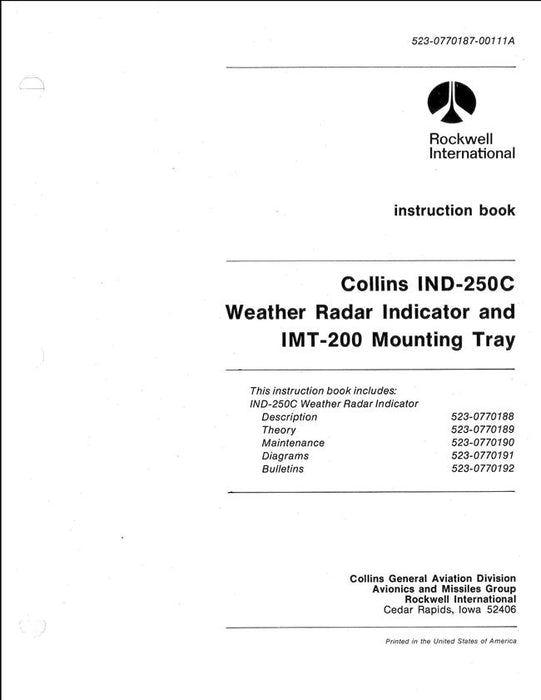 Collins IND-250C Weather Radar Indicator & IMT-200 Mounting Tray Instruction Book (523-0770187-00111A)