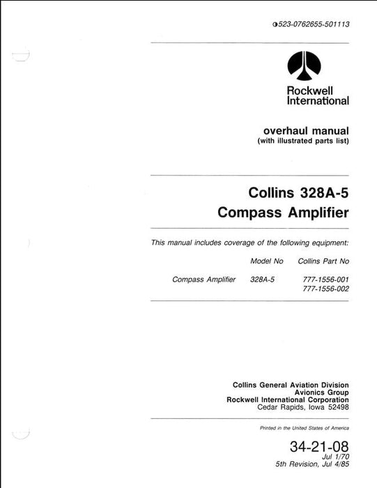 Collins 328A-5 Compass Amplifier Overhaul Manual with Illustrated Parts List (523-0762655-501114)