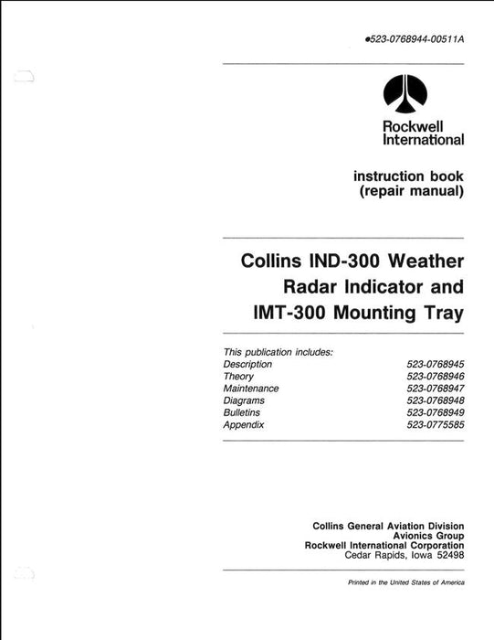 Collins IND-300 Weather Radar Indicator & IMT-300 Mounting Tray Instruction Book (523-0768944-00511A)