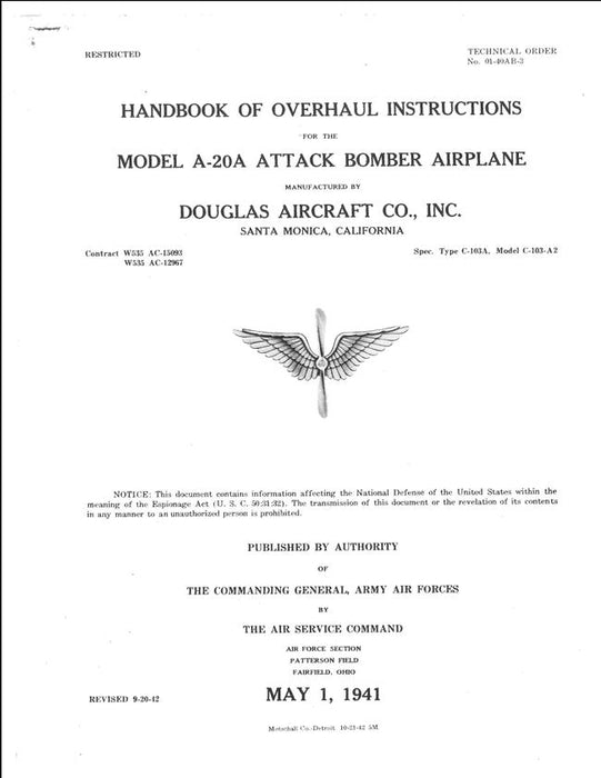 Douglas Model A-20A Attack Bomber Overhaul Instructions Handbook (T.O. 01-40AB-3)