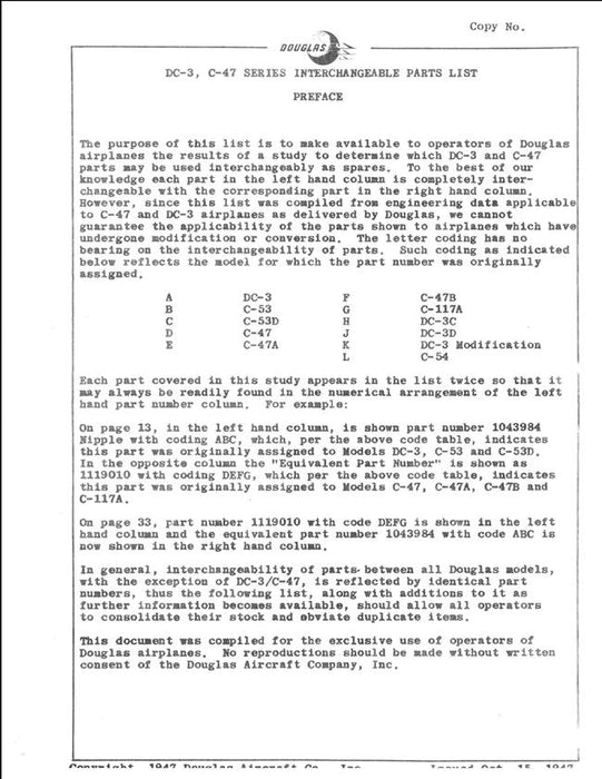Douglas DC-3, C-47 Series Interchangeable Parts List