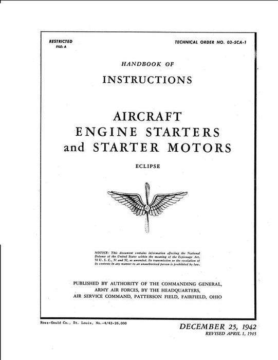Eclipse Aircraft Engine Starters & Starter Motors Instructions Handbook (T.O. 03-5CA-1)