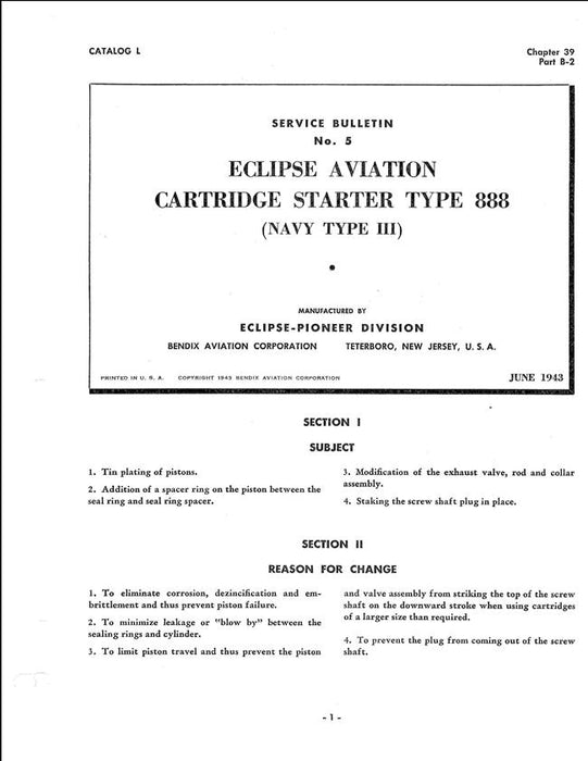 Eclipse-Pioneer Cartridge Starter Type 888 (Navy Type III) Service Bulletin No. 5
