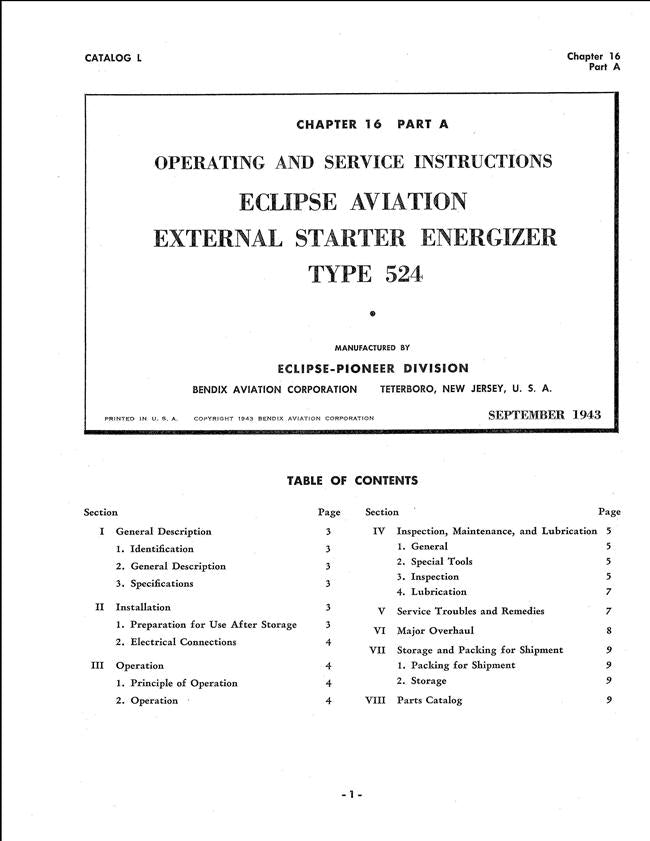Eclipse-Pioneer External Starter Energizer Type 524 Operating, Overhau ...