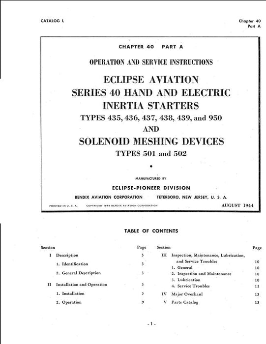 Eclipse-Pioneer Series 40 Hand & Electric Inertia Starters & Solenoid Meshing Devices Operation & Service Instructions Manual