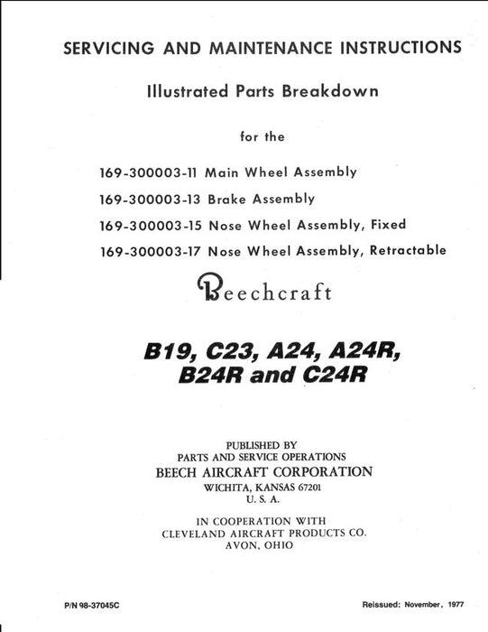 Beech B19, C23, A24, A24R, B24R, C24R Main, Nose Wheel Brake Assembly Servicing & Maintenance Instructions with Illustrated Parts Breakdown (Part No. 98-37045C)