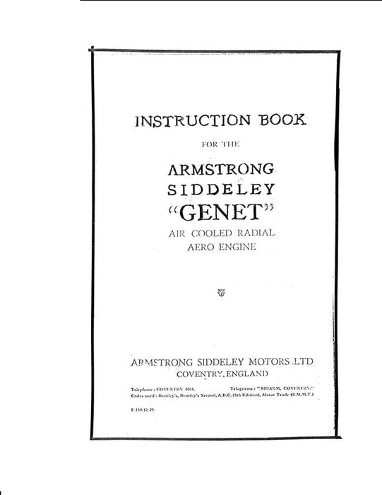 Armstrong Siddeley "Genet" Air Cooled Radial Engine Instruction Manual