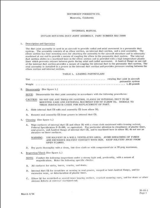 Southwest Products Dyflon Rotating Duct Joint Assembly Overhaul Manual