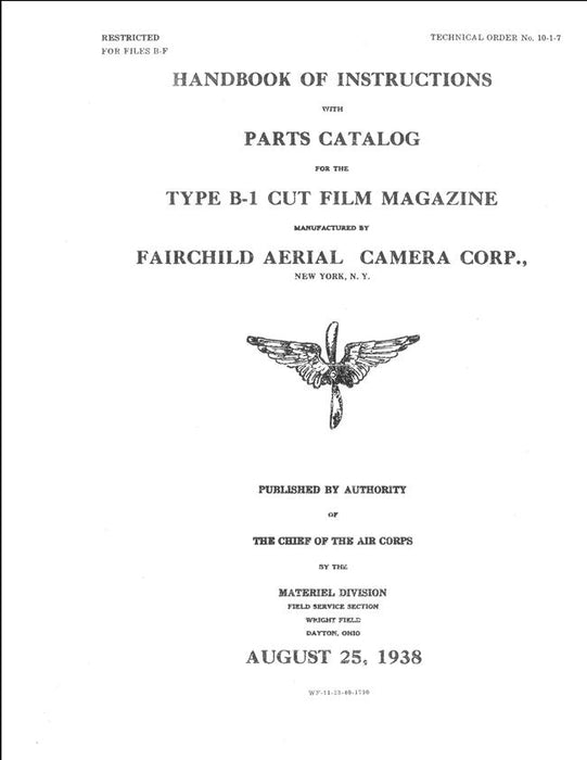 Fairchild Type B-1 Cut Film Magazine Parts Catalog-Instruction Handbook